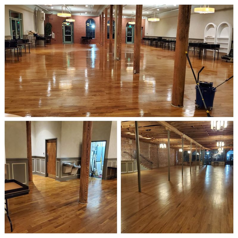 Event hall wood floor gleaming after floor care, downtown Spartanburg