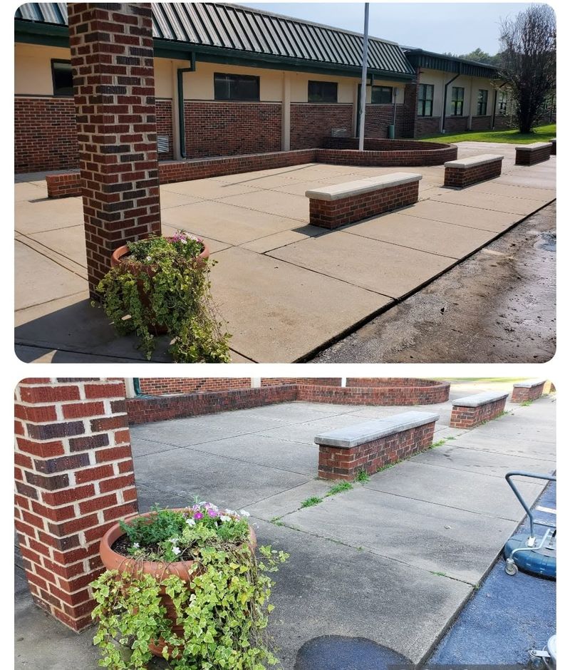 School courtyard concrete and brick planters before and after pressure washing