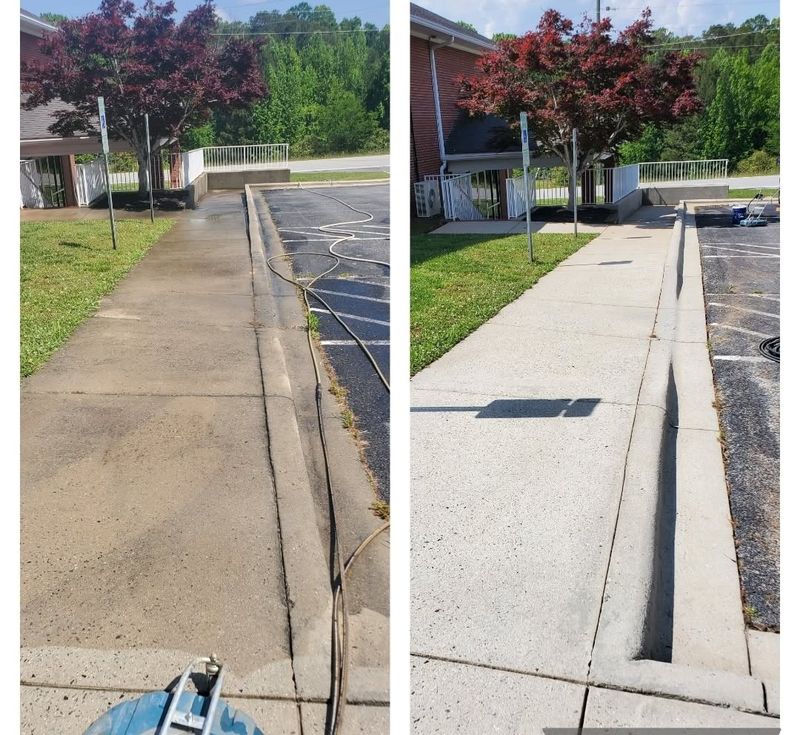 Commercial sidewalk and curb before and after pressure washing